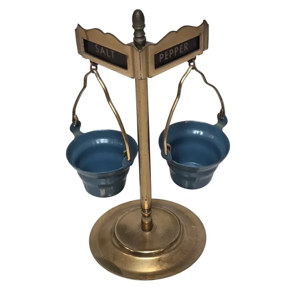 Vintage Balance Scale Salt Pepper Holder Brass Blue Buckets Mid Century Kitchen